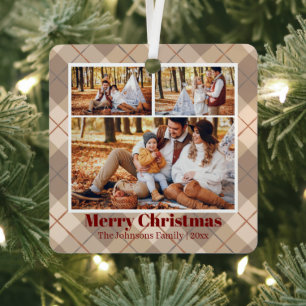 merry christmas brown plaid 3 family photos    metal tree decoration