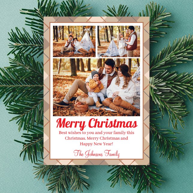 merry christmas brown tartan 3 family photos    holiday card (Creator Uploaded)