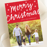 Merry Christmas Brush Lettering One Photo Holiday Card<br><div class="desc">Merry Christmas Brush Lettering Holiday Photo Card. Your photo on the back or current backing pattern. Your photo on the front. Christmas Red. Joy Brush Lettering. Beautiful and bold. Stars detail. Festive and happy design.</div>