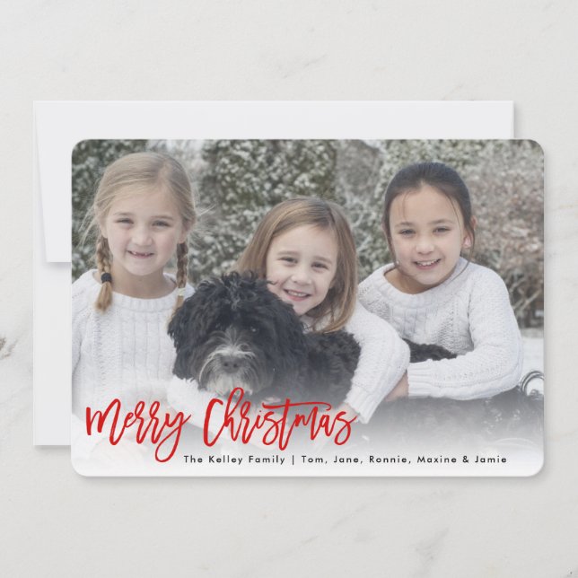 Merry Christmas Brush Script Horizontal Red Photo Holiday Card (Front)