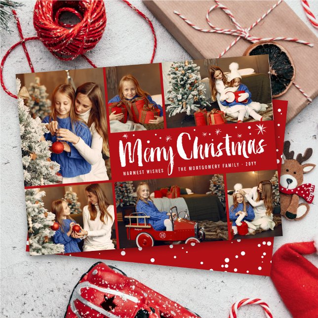 Merry Christmas Brush Script Stars Modern 6 Photo Holiday Card (Creator Uploaded)