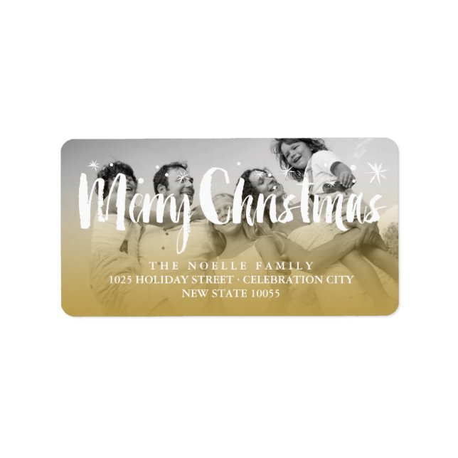Merry Christmas Brush Script Stars Photo Address Label (Front)