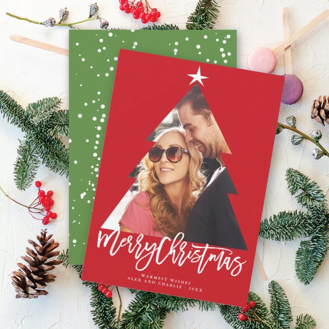 Merry Christmas Brush Script Tree Red Cutout Photo Holiday Card (Creator Uploaded)