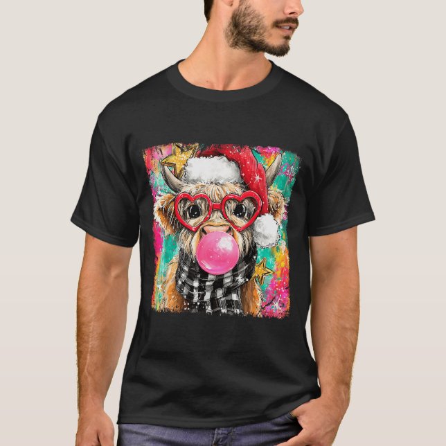 Merry Christmas Bubble Gum Xmas Highland Cow Heife T-Shirt (Front)