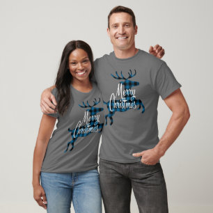Merry Christmas Buck on Blue Black Buffalo Check T-Shirt