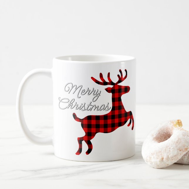 Merry Christmas Buck on Red Black Buffalo Check Coffee Mug (With Donut)