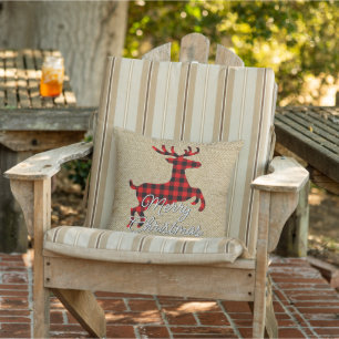 Merry Christmas Buck on Red Black Buffalo Check Cushion