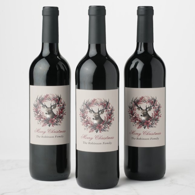 Merry Christmas Buck Wreath  Wine Label (Bottles)