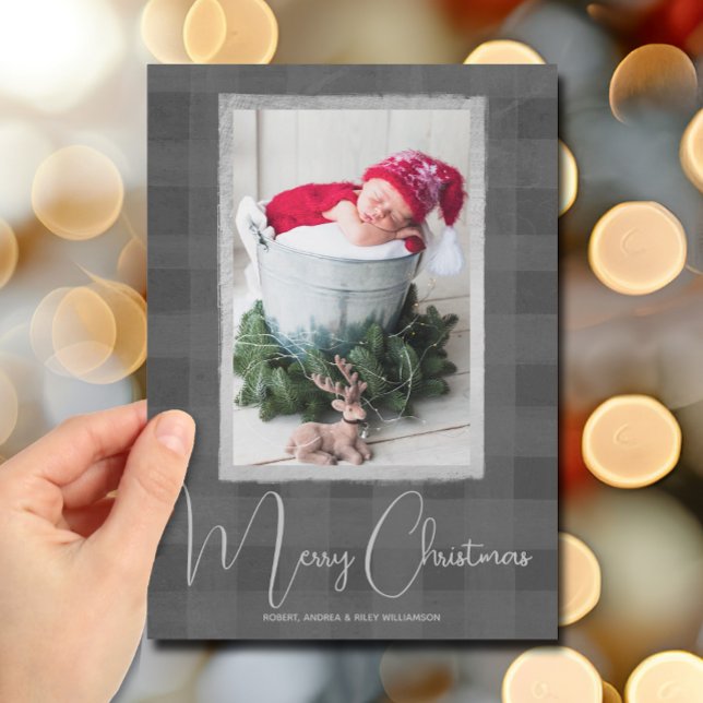 Merry Christmas Buffalo Check Photo Holiday Card (Merry Christmas Gray Buffalo Check Photo Holiday Cards)