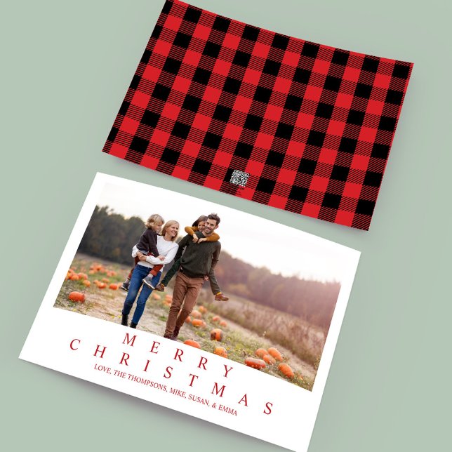 Merry Christmas Buffalo Check Photo Holiday Card (Merry Christmas red and black buffalo check typography multi photo greeting card. )