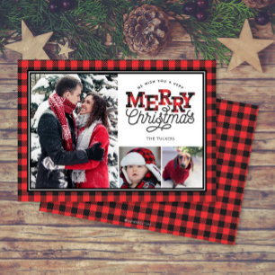 MERRY Christmas Buffalo Plaid Border 3-Photo Holiday Card