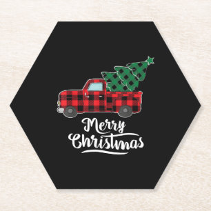 Merry Christmas Buffalo Plaid Christmas Tree Red Paper Coaster