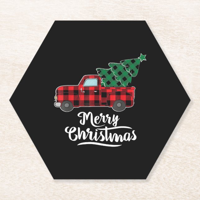 Merry Christmas Buffalo Plaid Christmas Tree Red Paper Coaster (Front)