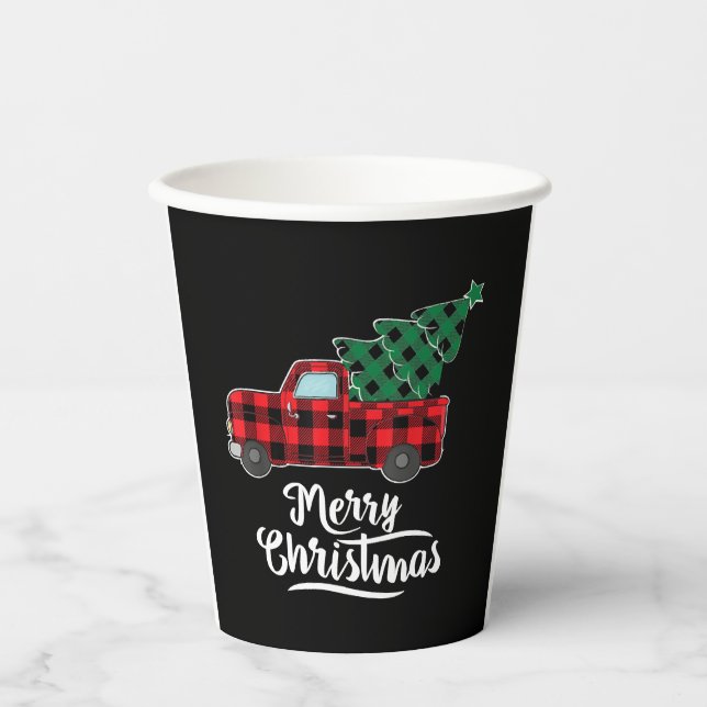 Merry Christmas Buffalo Plaid Christmas Tree Red Paper Cups (Front)