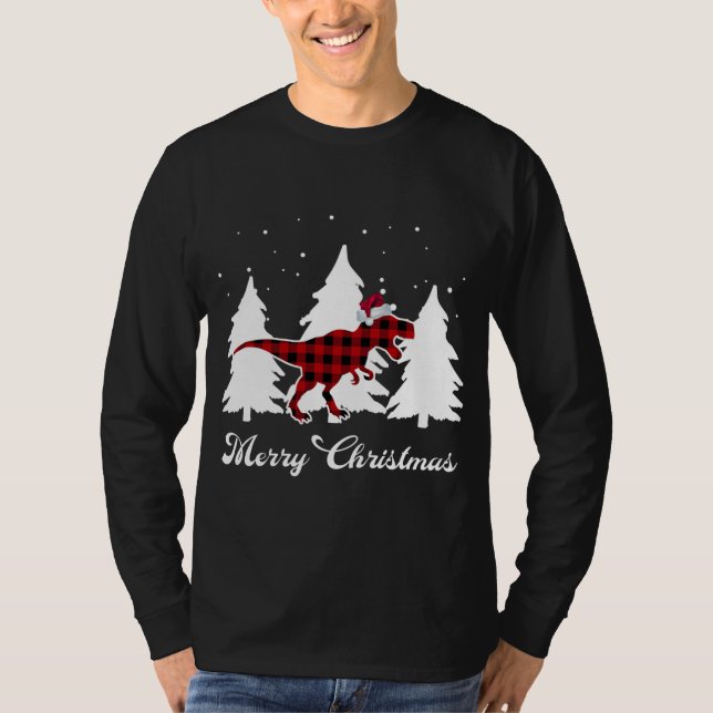Merry Christmas Buffalo Plaid Dinosaur Santa Trex T-Shirt (Front)