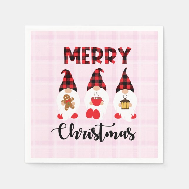Merry Christmas- Buffalo Plaid Gnomes Napkin (Front)