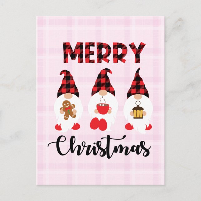 Merry Christmas- Buffalo Plaid Gnomes Postcard (Front)