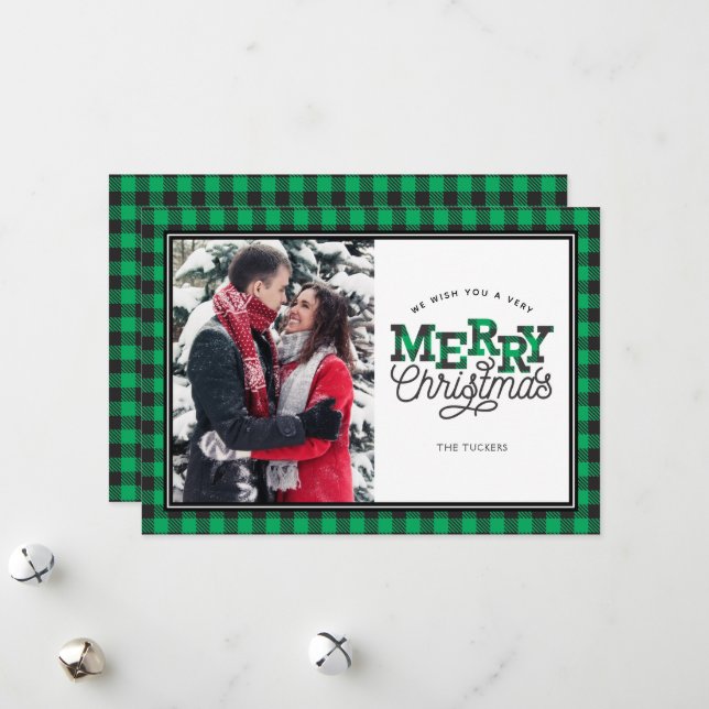MERRY Christmas Buffalo Plaid Green Photo Card (Front/Back In Situ)