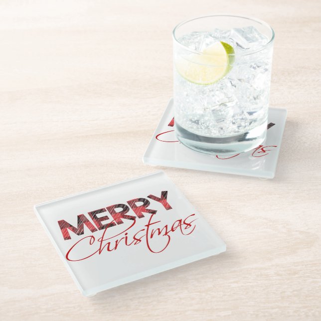 Merry Christmas | Buffalo Plaid Holiday Glass Coaster (Angled)