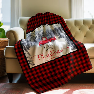 Merry Christmas, Buffalo Plaid Mountains and Truck Fleece Blanket