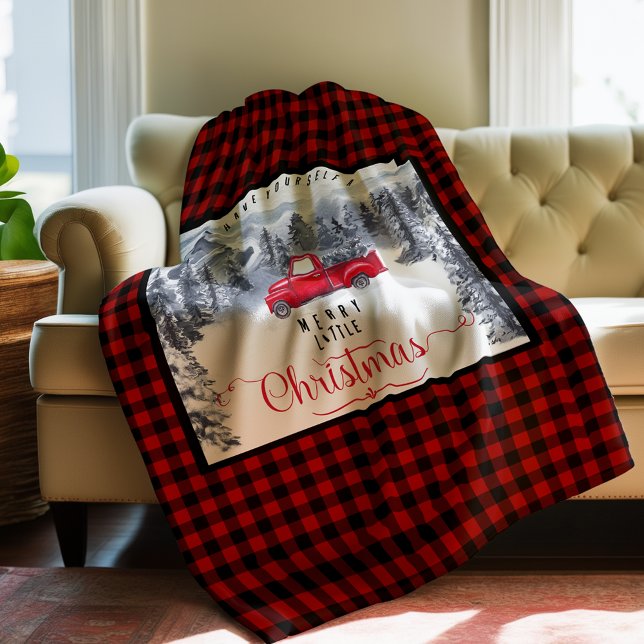 Merry Christmas, Buffalo Plaid Mountains and Truck Fleece Blanket (Creator Uploaded)