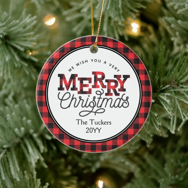 MERRY Christmas Buffalo Plaid Photo Christmas Ceramic Tree Decoration (Tree)