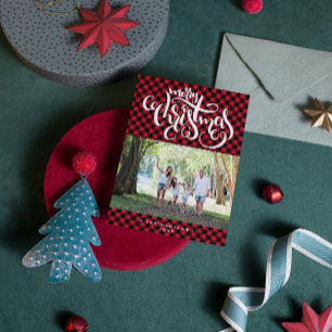 Merry Christmas Buffalo Plaid Photo Collage  Holiday Card