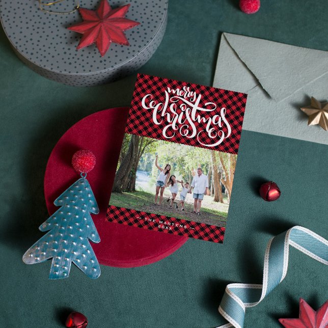 Merry Christmas Buffalo Plaid Photo Collage  Holiday Card (Creator Uploaded)