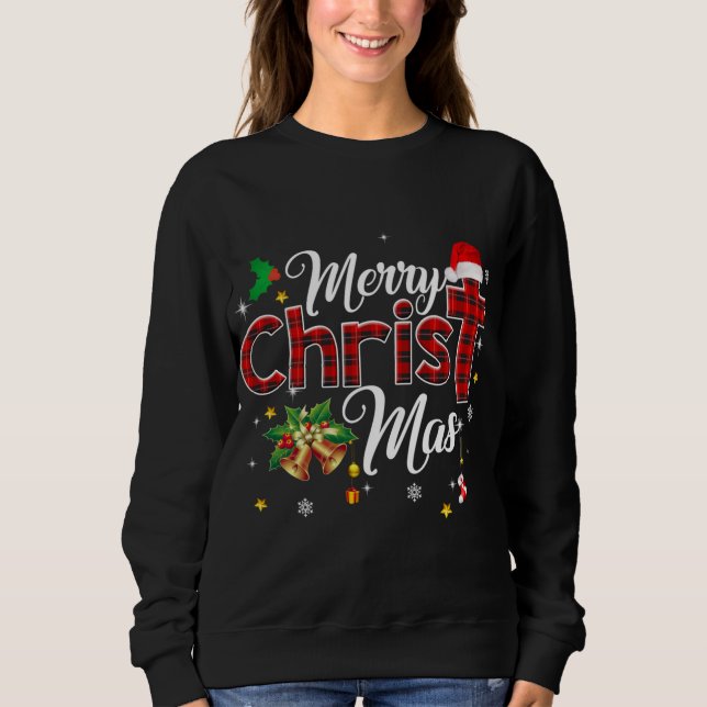 Merry Christmas Buffalo Plaid Red Christian Cross  Sweatshirt (Front)
