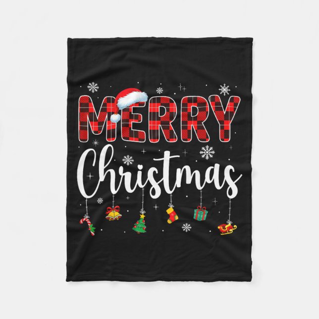 Merry Christmas Buffalo Plaid Red Santa Family Xma Fleece Blanket (Front)