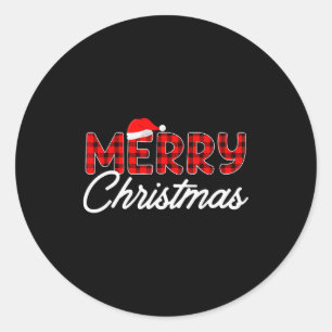 Merry Christmas Buffalo Plaid Red Santa Hat Classic Round Sticker