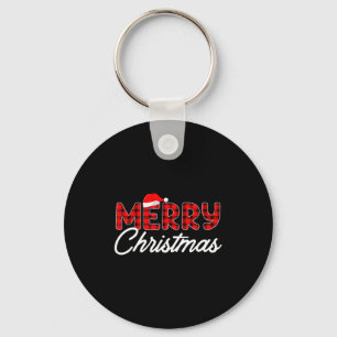 Merry Christmas Buffalo Plaid Red Santa Hat Key Ring