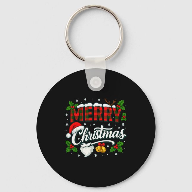 Merry Christmas Buffalo Plaid Red Santa Hat Xmas P Key Ring (Front)