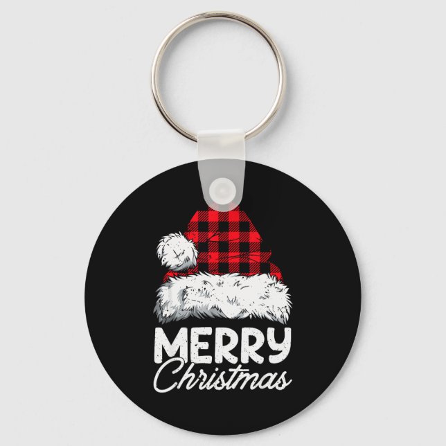 Merry Christmas Buffalo Plaid Red Santa Hat Xmas P Key Ring (Front)