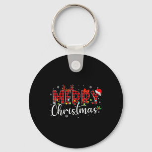 Merry Christmas Buffalo Plaid Red Santa Hat Xmas P Key Ring