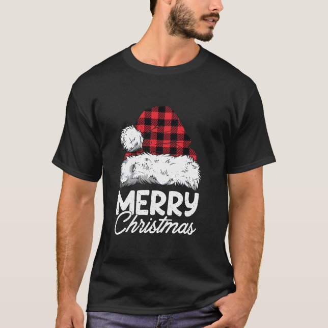 Merry Christmas Buffalo Plaid Red Santa Hat Xmas P T-Shirt (Front)