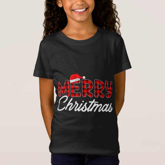 Merry Christmas Buffalo Plaid Red Santa Hat Xmas P T-Shirt (Front)