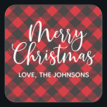 Merry Christmas Buffalo Plaid Red Square Sticker<br><div class="desc">A lovely red and black buffalo plaid Christmas sticker for your Holiday cards,  treats and gifts. Personalise it with your name.Designed for you by Blackberry Boulevard.</div>