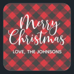 Merry Christmas Buffalo Plaid Red Square Sticker<br><div class="desc">A lovely red and black buffalo plaid Christmas sticker for your Holiday cards,  treats and gifts. Personalise it with your name.Designed for you by Blackberry Boulevard.</div>