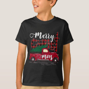 Merry Christmas Buffalo Plaid Red Truck Christian T-Shirt