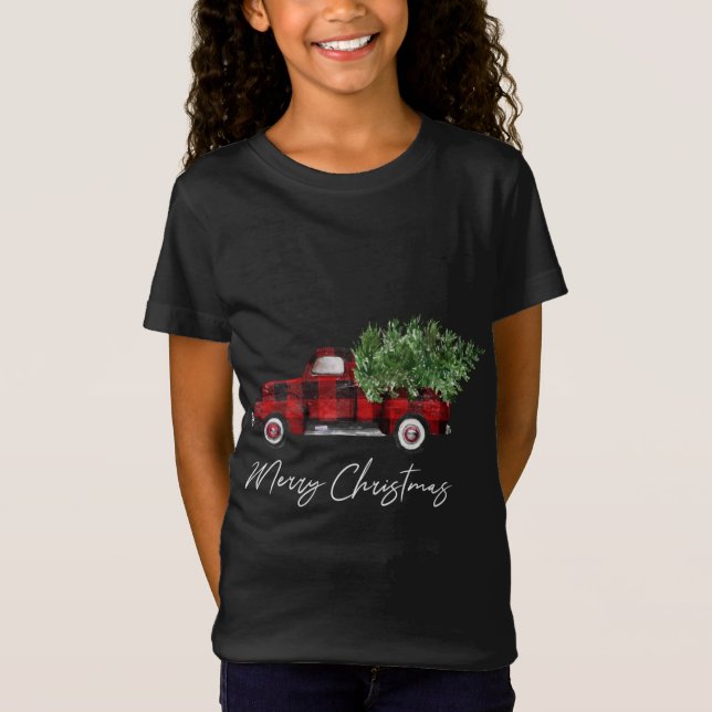Merry Christmas Buffalo Plaid Red Truck Tree T-Shirt (Front)