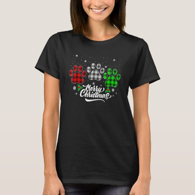 Merry Christmas Buffalo Plaid  Red White Green Dog T-Shirt (Front)