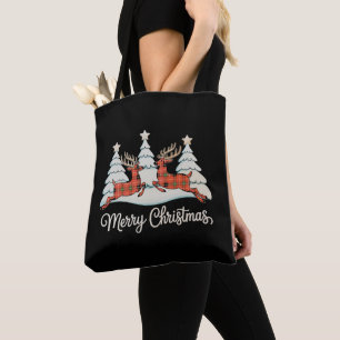 Merry Christmas Buffalo Plaid Reindeer Xmas Tree Tote Bag