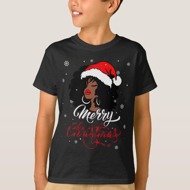 Merry Christmas Buffalo Plaid Santa Afro American  T-Shirt (Front)