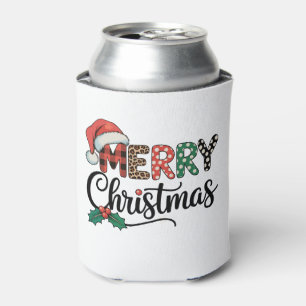 Merry Christmas Buffalo Plaid Santa Hat Love Xmas Can Cooler
