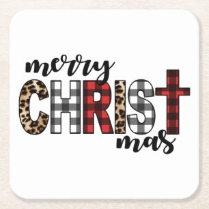 Merry CHRISTmas Buffalo Plaid Square Paper Coaster