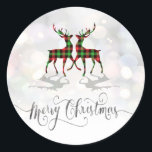 Merry Christmas,Buffalo Pleid Reindeer  Classic Round Sticker<br><div class="desc">Merry Christmas,  buffalo pleid reindeers on bokeh background.</div>