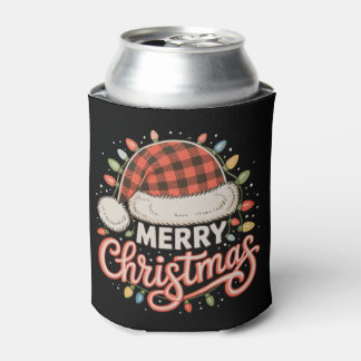 Merry Christmas Buffalo Red Plaid Santa Hat Xmas Can Cooler