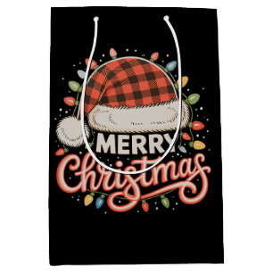 Merry Christmas Buffalo Red Plaid Santa Hat Xmas Medium Gift Bag