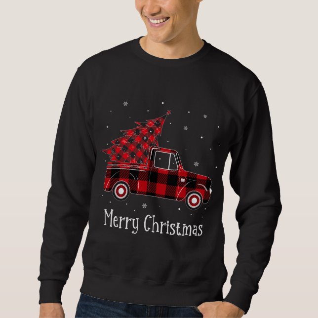Merry Christmas Buffalo Red Plaid Truck Tree Sweatshirt (Front)